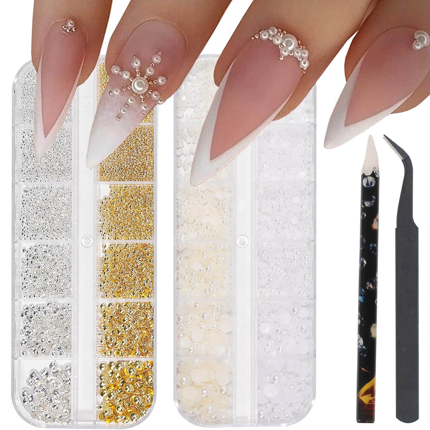 mixed gold silver nail pearls — 6 sizes with tools
