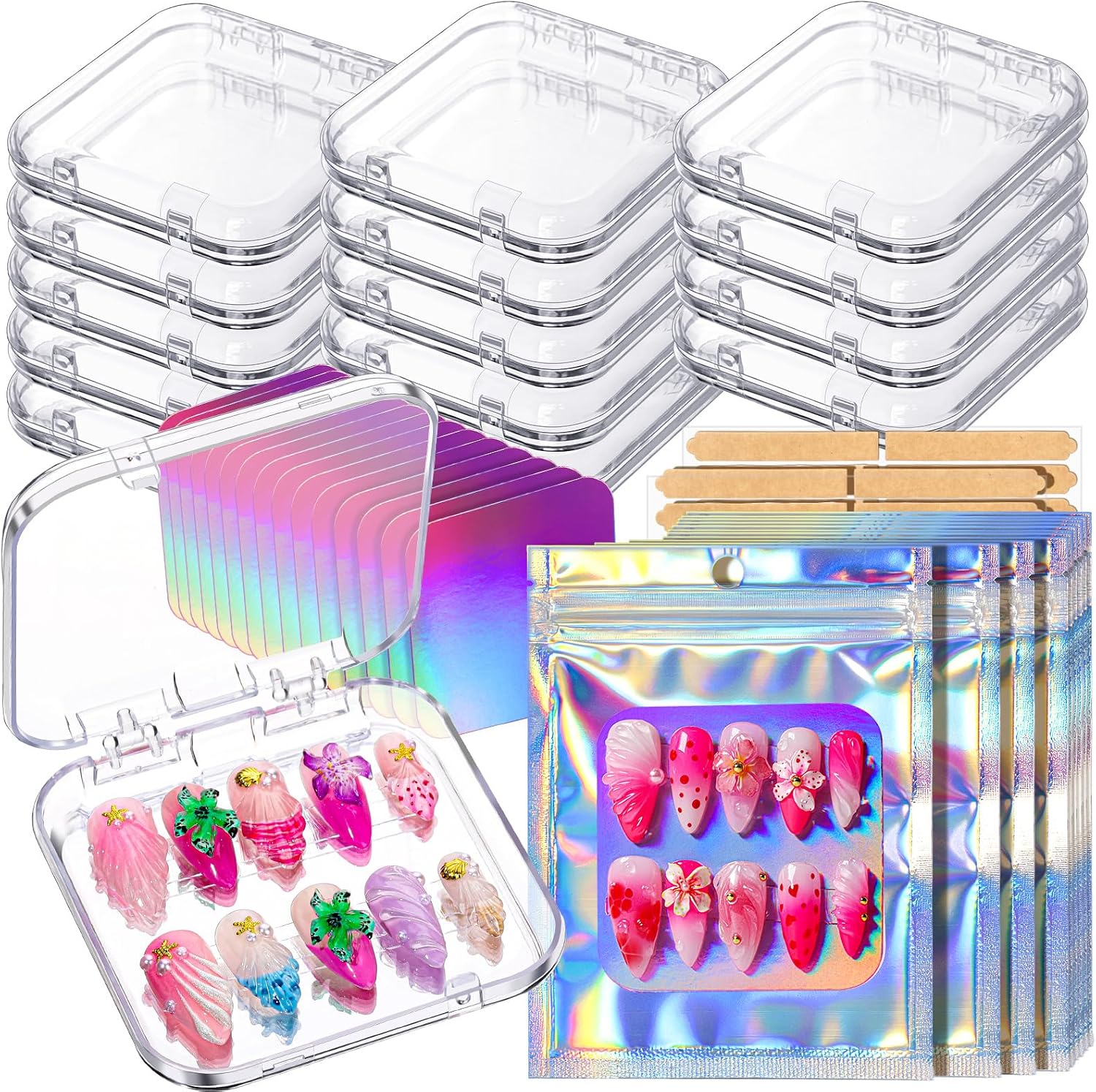 Press On Nail Packaging Kit: 15-Set Holographic Boxes