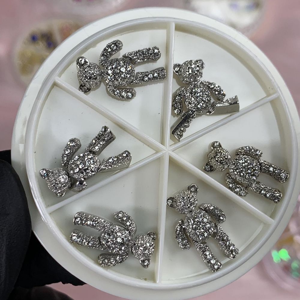 silver teddy bear nail charms with rhinestones - 2