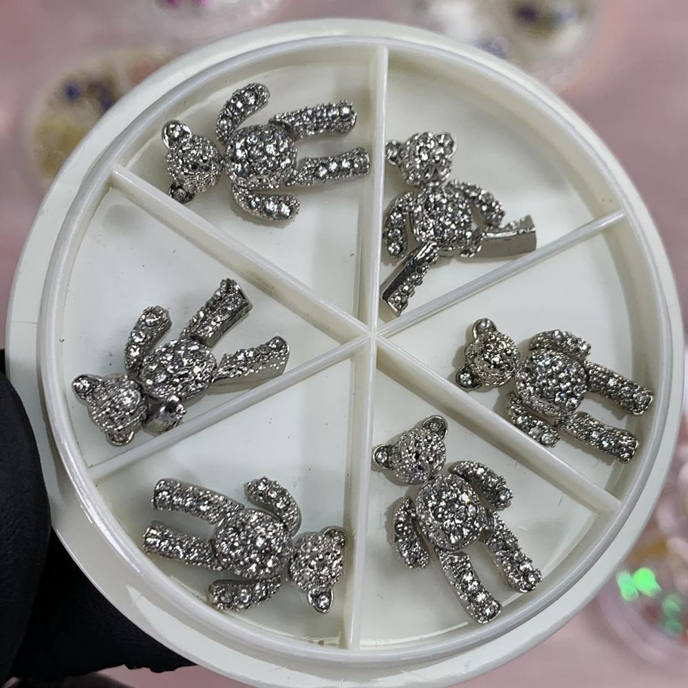 silver teddy bear nail charms with rhinestones - 3