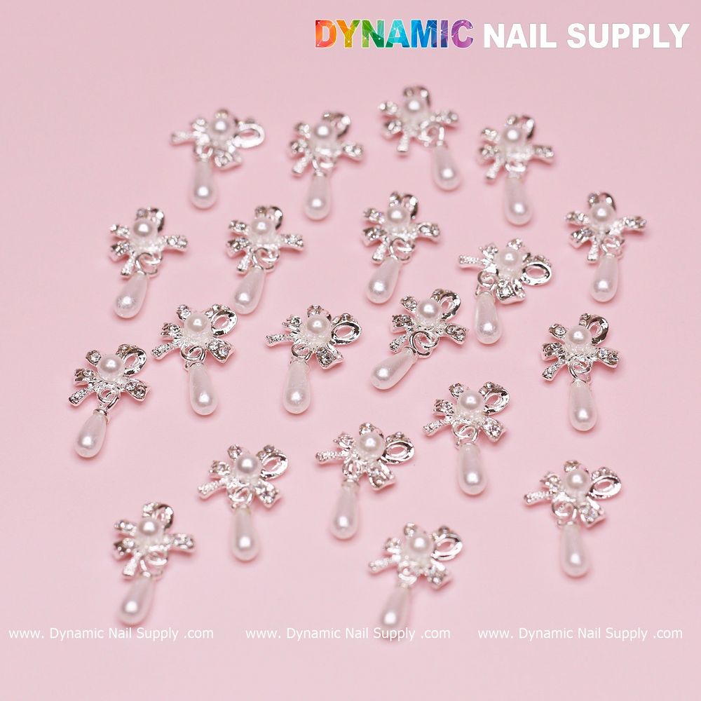 Silver Bow Nail Charms: 20pcs Dangle Pearls Set